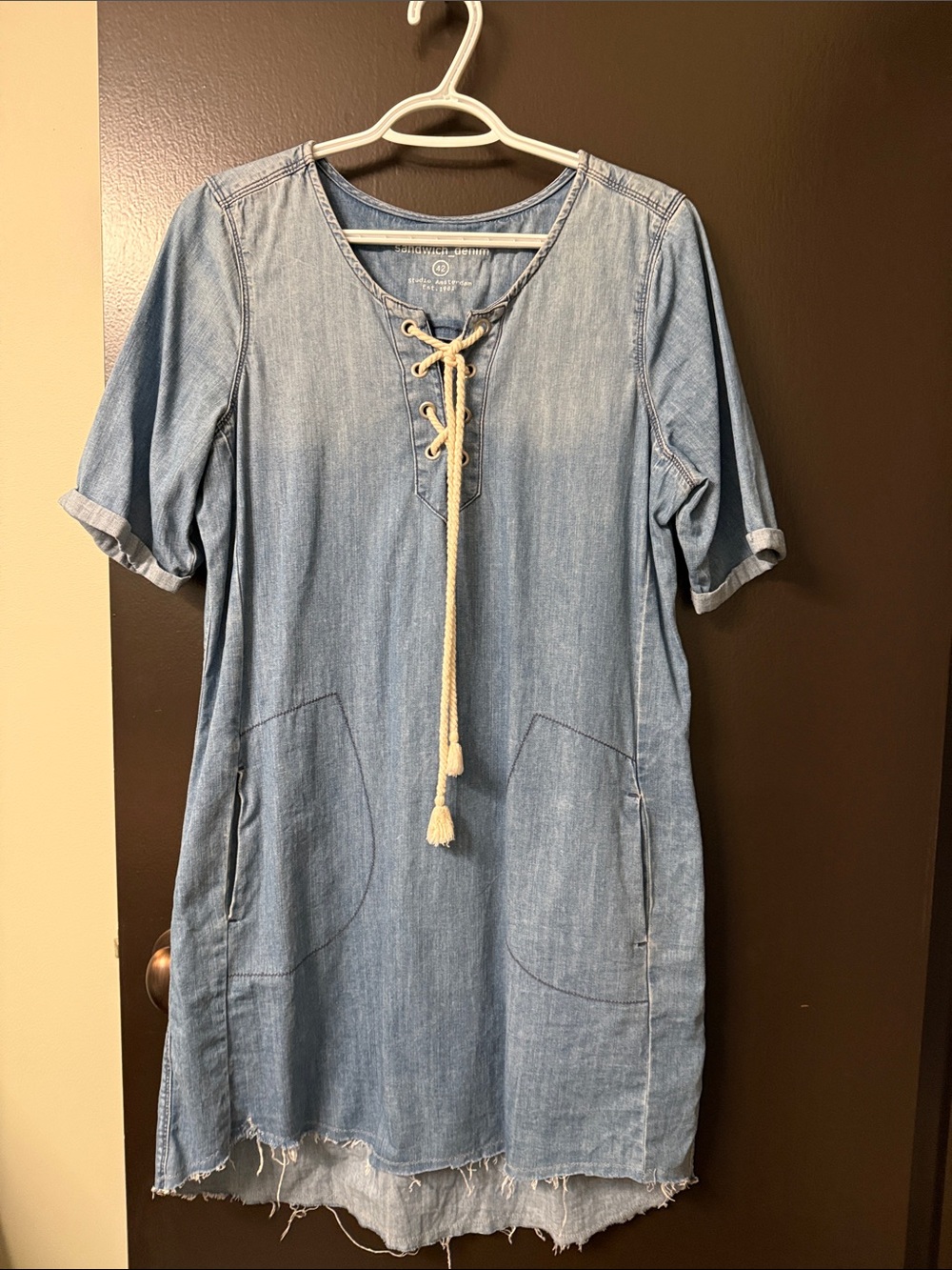 Light Blue Denim Lace-Up Midi Dress with Tassel Tie